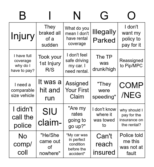 CLAM ADJUSTER - Injury Bridge Bingo Card