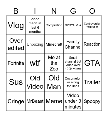 YouTube Bingo Card