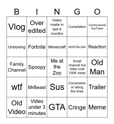 YouTube Bingo Card