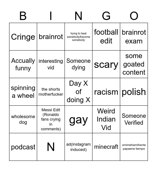 Instagram Bingo Card