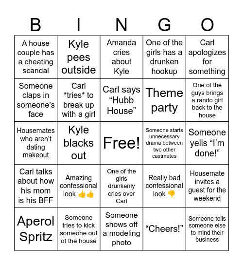 Summer House Bingo Card