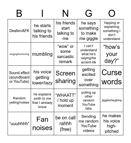 On Call With My Bf 🔥 Bingo Card