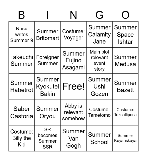 FGO Summer 9 Servant Letdown Bingo Card