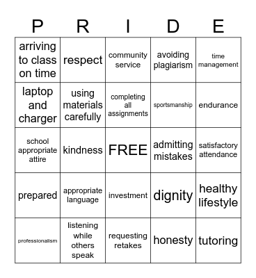 Firebird P.R.I.D.E Bingo Card