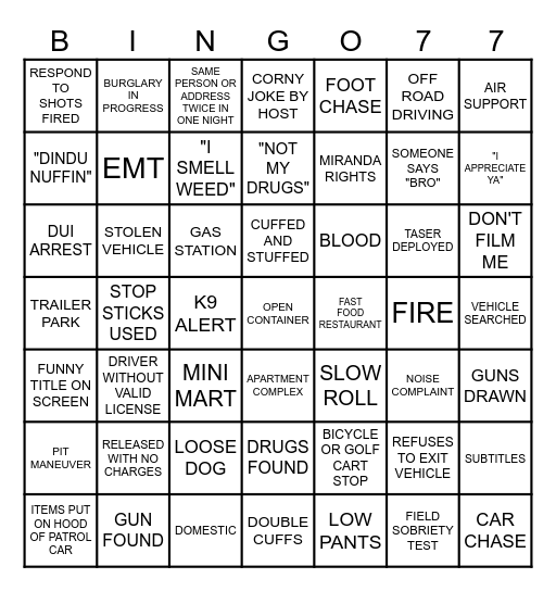 ON PATROL LIVE Bingo Card