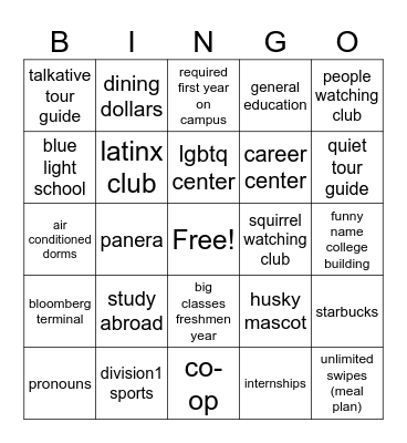 College Bingo Card