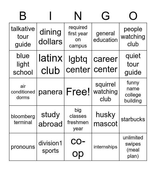 College Bingo Card
