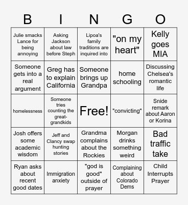 Reunion Bingo Card