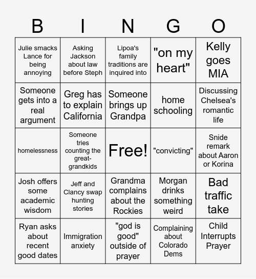Reunion Bingo Card
