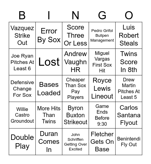 White Sox Game Bingo Card