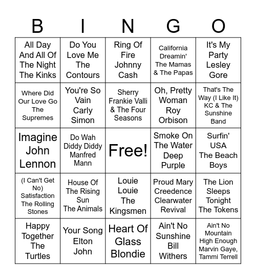 60s & 70s Music Bingo Card