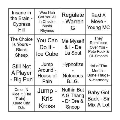 90's R&B & Hip Hop -      'No Diggity..No Doubt!' Bingo Card