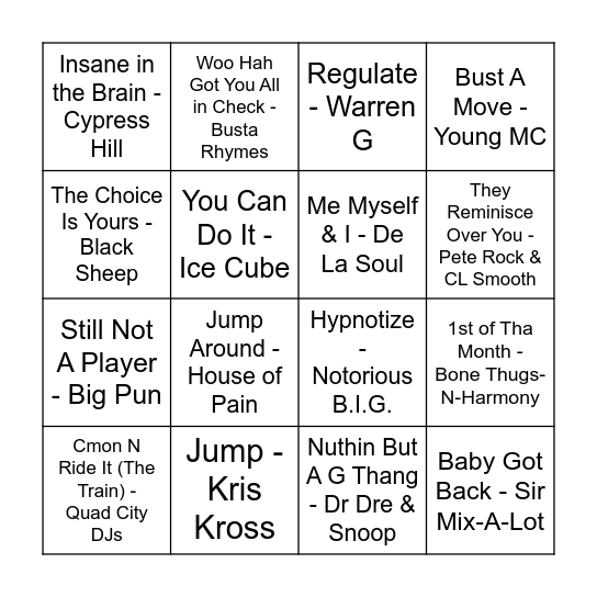 90's R&B & Hip Hop -      'No Diggity..No Doubt!' Bingo Card