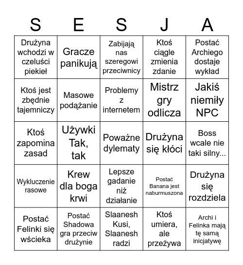 Bingo Sesyjne Bingo Card