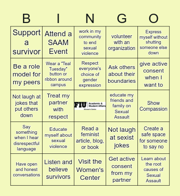 Sexual Assault Awareness Month Bingo Card