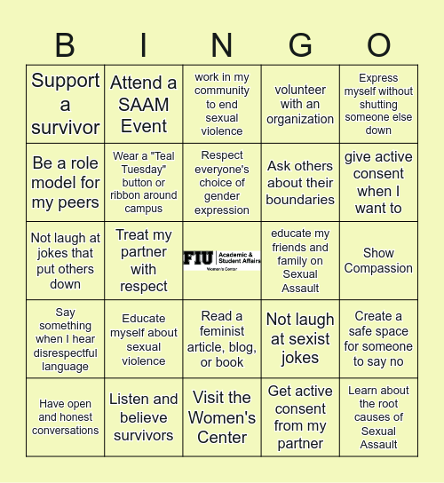 Sexual Assault Awareness Month Bingo Card