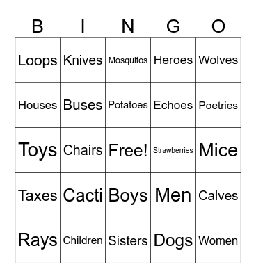 Singular and Plural Bingo Card