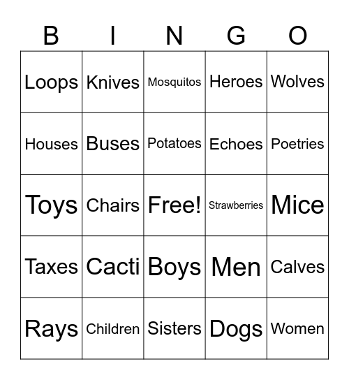 Singular and Plural Bingo Card