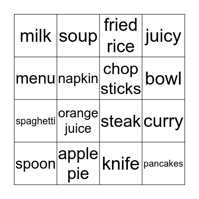 On The Menu Bingo Card