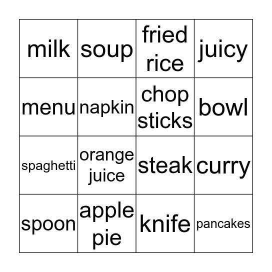 On The Menu Bingo Card