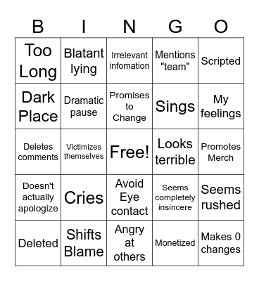 youtuber apology bingo Card