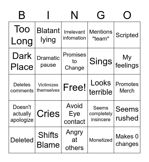 youtuber apology bingo Card