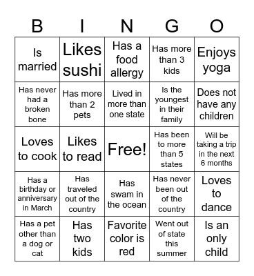 Get to Know You Bingo Card