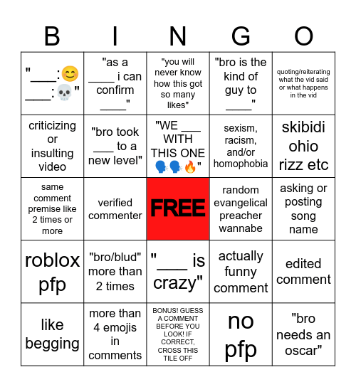 youtube shorts comments Bingo Card