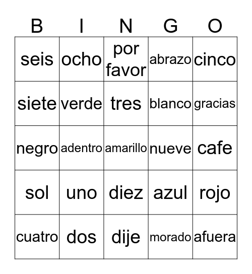 Spanish ~ Colors and Numbers Bingo Card