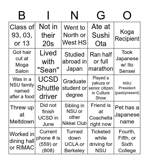 NSU 25th Anniversary Commemorative Edition Bingo Card