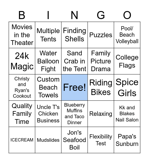 WARD FAMILY BEACH WEEK Bingo Card
