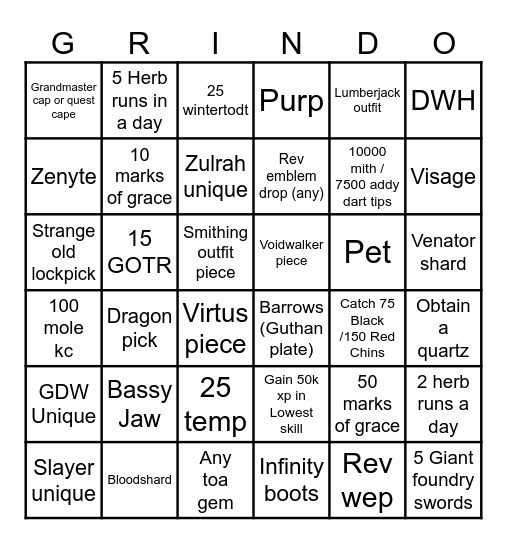 Oldschool bingo Trail Bingo Card