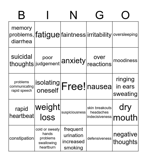 Stress  Bingo Card