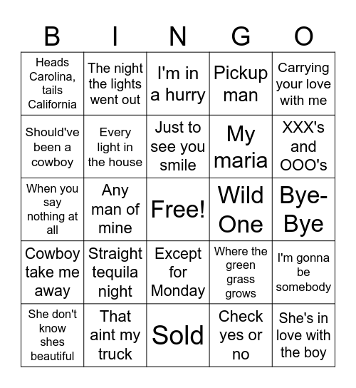 Country Bingo Card