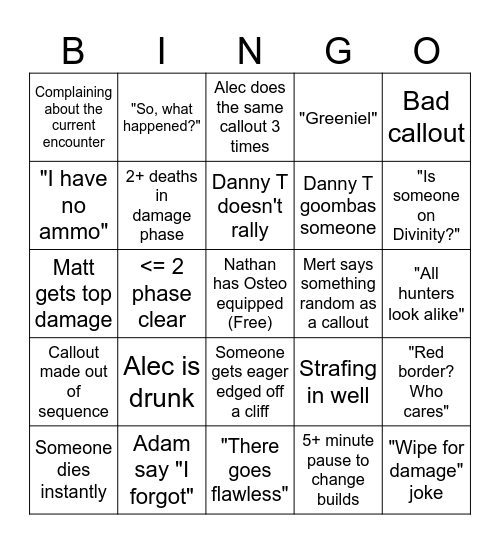 Wet Floor Clan Raid Bingo Card