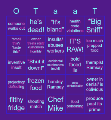 One Topic's Kitchen Nightmares Bingo Card