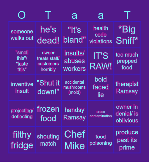 One Topic's Kitchen Nightmares Bingo Card