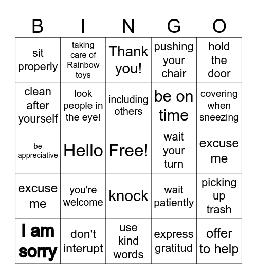 Manners Bingo Card