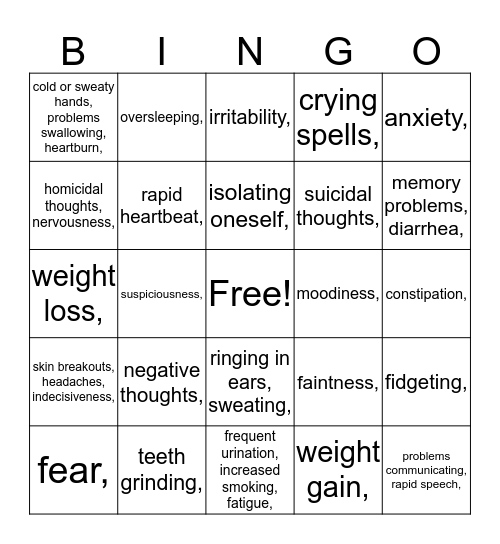 Stress  Bingo Card