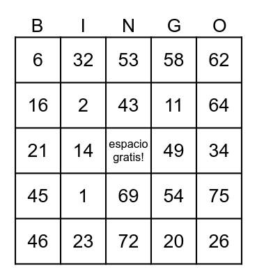 BINGO 1-75 Bingo Card