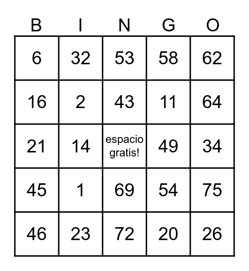 BINGO 1-75 Bingo Card