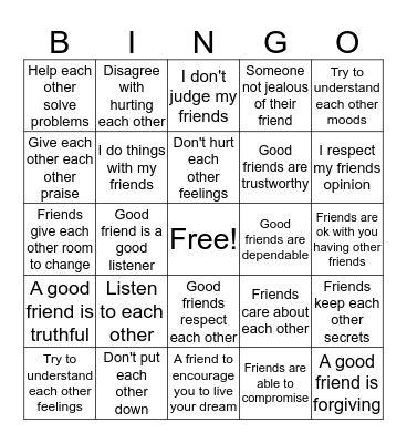 What qualities make a good friend  Bingo Card