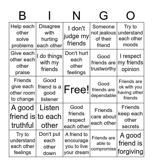 What qualities make a good friend  Bingo Card