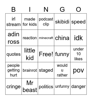 youtube shorts Bingo Card