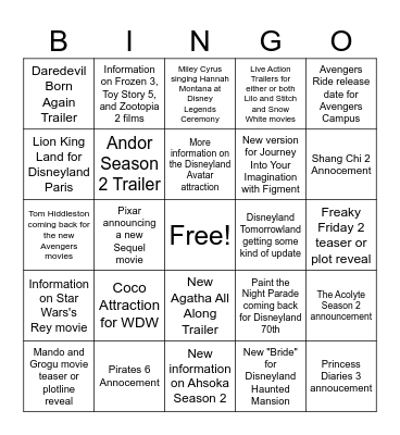 D23 EXPO 2024 Predictions Bingo Card