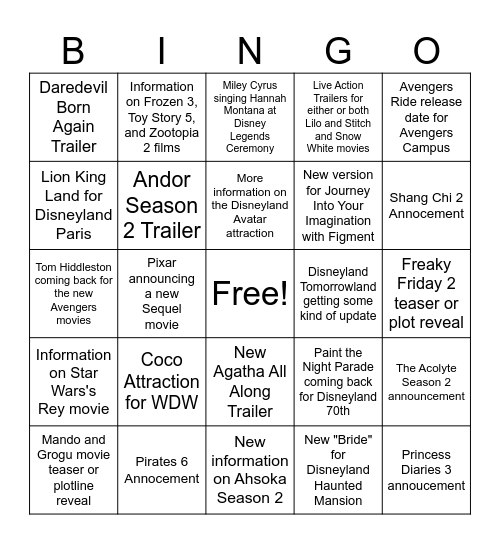 D23 EXPO 2024 Predictions Bingo Card