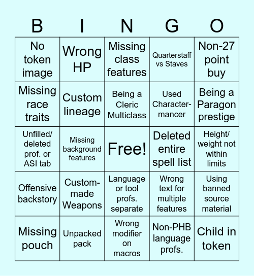 BK Pain Bingo Card