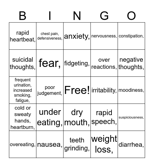 Stress  Bingo Card