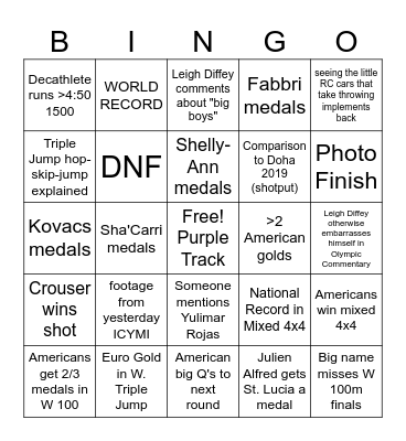 Olympic Track and Field Bingo (Sat, Aug 3 edition) Bingo Card