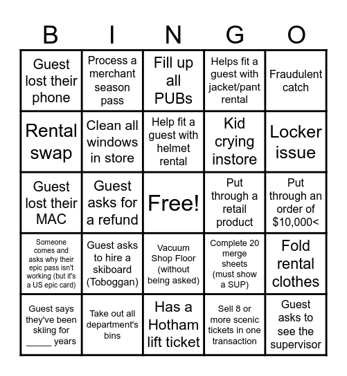 Guest Services Bingo Round 1 Bingo Card